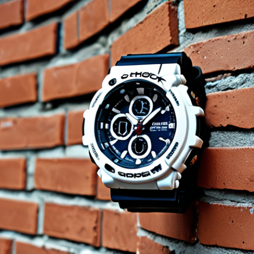 **A rugged G-Shock watch being thrown against a brick wall, surviving unscathed.** (Focus: Durability, bold design)