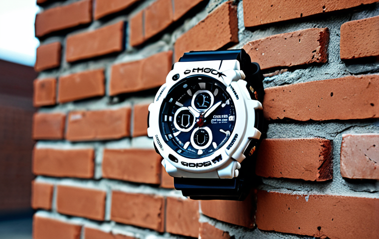 **A rugged G-Shock watch being thrown against a brick wall, surviving unscathed.** (Focus: Durability, bold design)