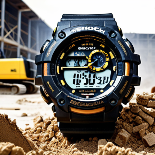 **Image Prompt:** A rugged G-Shock watch surviving harsh conditions on a construction site, with workers in the background operating heavy machinery. Dust and debris fill the air, showcasing the watch's durability against the elements.
