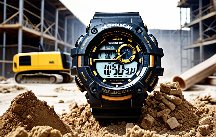 **Image Prompt:** A rugged G-Shock watch surviving harsh conditions on a construction site, with workers in the background operating heavy machinery. Dust and debris fill the air, showcasing the watch's durability against the elements.