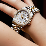 **Prompt:**  Close-up shot of a woman's wrist wearing a Rolex Datejust with a pavé diamond dial.  Soft, diffused lighting, emphasizing the sparkle of the diamonds.  Elegant, manicured hands.  Background subtly blurred, suggesting a sophisticated, upscale environment. Focus on luxury and craftsmanship.