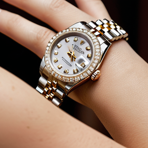 **Prompt:**  Close-up shot of a woman's wrist wearing a Rolex Datejust with a pavé diamond dial.  Soft, diffused lighting, emphasizing the sparkle of the diamonds.  Elegant, manicured hands.  Background subtly blurred, suggesting a sophisticated, upscale environment. Focus on luxury and craftsmanship.