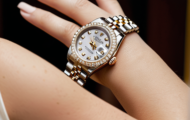 **Prompt:** Close-up shot of a woman's wrist wearing a Rolex Datejust with a pavé diamond dial. Soft, diffused lighting, emphasizing the sparkle of the diamonds. Elegant, manicured hands. Background subtly blurred, suggesting a sophisticated, upscale environment. Focus on luxury and craftsmanship.